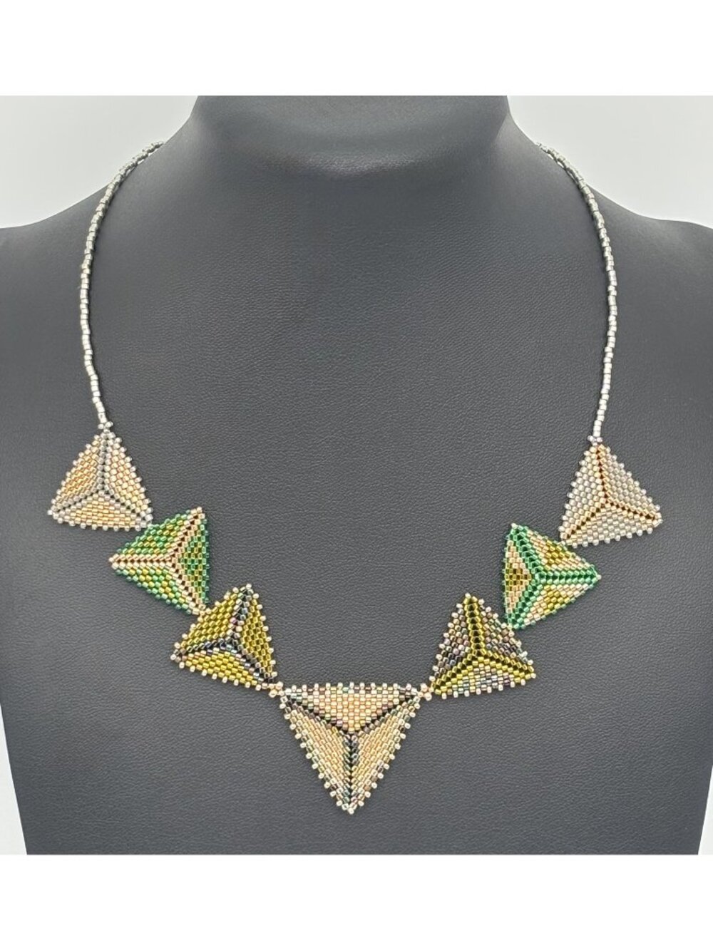 Artisan-Made Seed-Beaded Necklace Collar Geometric Shapes Pattern Sterling Clasp